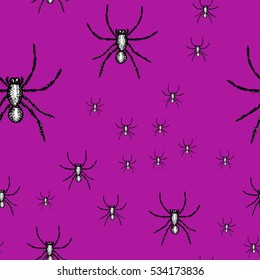 Seamless pattern with black spiders isolated on purple background. Big spiders closely. Arachnid scary silhouettes, fear graphic, animal poisonous design. Nature. Dangerous insect. For prints, fabric.