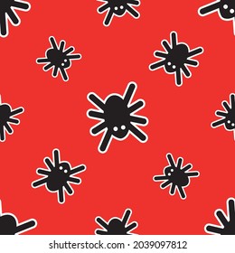 Seamless pattern of black spiders on a red background. Halloween pattern. Vector illustration.