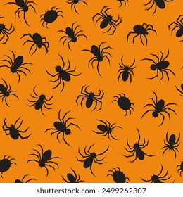 Seamless pattern with black spiders on a orange background. Simple minimal vector print with spiders theme for halloween