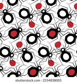 Seamless pattern with black spiders, red eggs - dots on white background. Elegant surface design in art deco motif of spider silhouettes, poisonous insects in abstract composition. Vector illustration