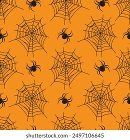 Seamless pattern of black spiders and spiderwebs on an orange background. Halloween celebration concept for design and print.