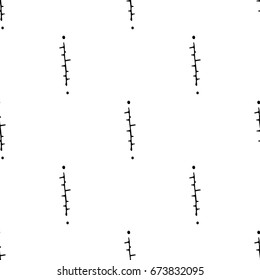 Seamless pattern of black spikes or sticks with dots. Schemes of spines in the style of doodle. Infinitely repeating motif of natural forms. Vector illustration.