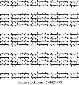 Seamless pattern of black spikes or sticks with dots. Schemes of spines in the style of doodle. Infinitely repeating motif of natural forms. Vector illustration.