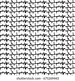 Seamless pattern of black spikes or sticks with dots. Schemes of spines in the style of doodle. Infinitely repeating motif of natural forms. Vector illustration.