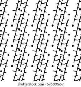 Seamless pattern of black spikes or sticks with dots. Schemes of spines in the style of doodle. Infinitely repeating motif of natural forms. Vector illustration.