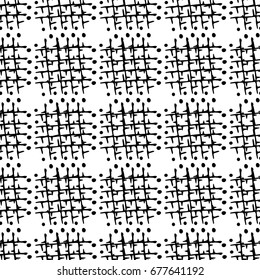 Seamless pattern of black spikes or sticks with dots. Schemes of spines in the style of doodle. Infinitely repeating motif of natural forms. Vector illustration.