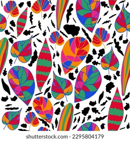 Seamless pattern with black spots and leaves. Bright multicolored botanical texture. Vector ornament for summer clothes.