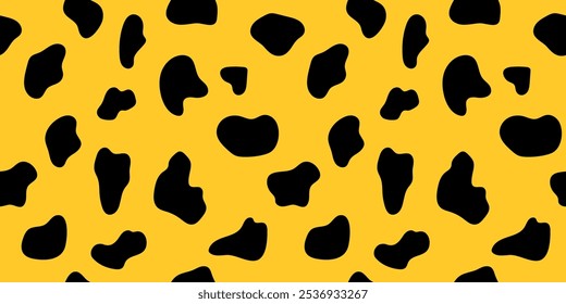 Padrão contínuo com pontos pretos no plano de fundo amarelo. Impressão animal moderna. Leopardo, jaguar design textura pano de fundo para têxtil, papel de embrulho, tecido, capa, papel de parede. Vetor