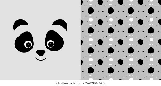 Patrón sin fisuras con manchas negras sobre un fondo gris. Cabeza de panda sobre un fondo gris