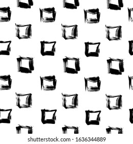 Seamless pattern from black square abstract textured brush strokes on a white background