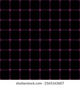 Seamless pattern of black squares with dots in each corner, pink outline. Optical illusion, vector.