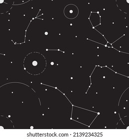 Seamless pattern with black starry sky and constellations