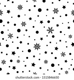 Seamless pattern with black stars, dots and snowflakes on white background. Vector illustration. Magic confetti, glitter. New Year backdrop. Vector Christmas background for fabric, textile, wrapping 