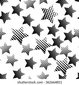 Seamless pattern of black stars in the halftone style.