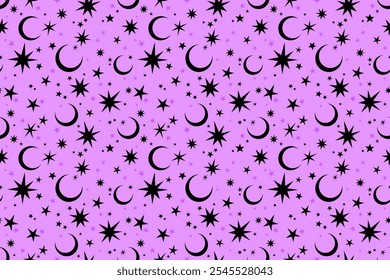 Seamless pattern of black stars and moons on a colored background