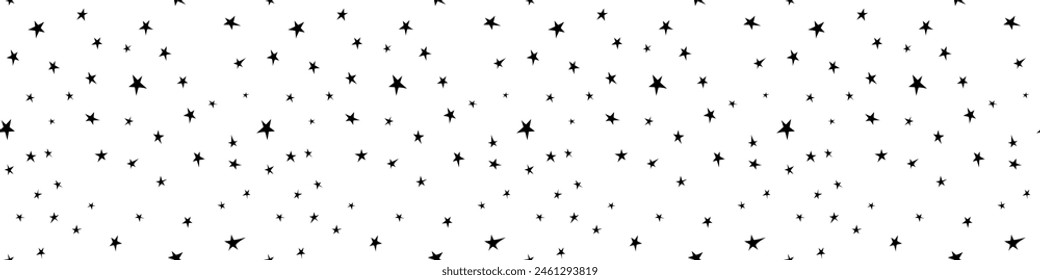 Patrón sin fisuras con estrellas negras. Cielo nocturno, espacio, fondo astronómico. Textura infantil. Impresiones de vivero para textiles, ropa, papel de embalaje