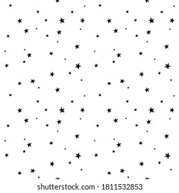 Seamless pattern with black stars on a white background. Starry vector illustration. Black and White cosmic wallpaper. EPS 8