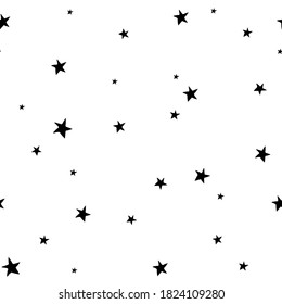 Seamless pattern with black stars on a white background. Starry vector illustration. Black and White cosmic wallpaper. EPS 8