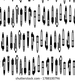 Seamless pattern with black stationery, pens and pencils on a white background. Business and training concepts.