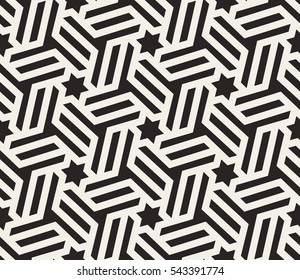 Seamless pattern with black straight  stripes and stars on light background forming abstract wallpaper. Stylish monochrome texture. Abstract geometric background.
