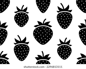 Patrón sin foco con fresas negras sobre un fondo blanco. Fresas rojas con semillas. Fresas dulces de fresa. Diseño para afiches, papel de envoltura y papel tapiz. Ilustración del vector