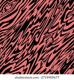 Un patrón sin fisuras con un estampado de rayas negras que forma un adorno abstracto sobre un fondo de coral rojo. Ilustración vectorial para el diseño de impresiones en telas, envases y cubiertas.