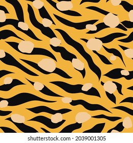 Seamless pattern with black stripes on a yellow background with spots like a tiger. Print for modern fabrics, throw pillows, wrapping paper. Vector.