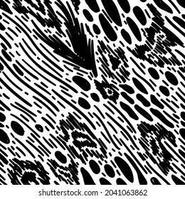 Seamless pattern with black stripes and spots on a white background in vector