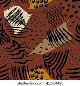 Seamless pattern with black strokes and color spots on brown background. Vector  