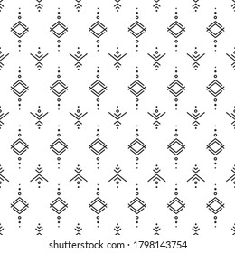 Seamless pattern with black strokes and dots on white background. Ethnic symmetric background. Diagonal rhombus pattern. Geometric seamless  texture. Mosaic plaid. Checkered vector illustration. 