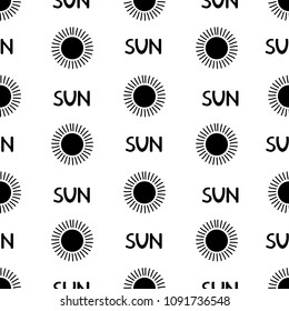 Seamless pattern from the black suns and words Sun. Colorful background. Vector illustration