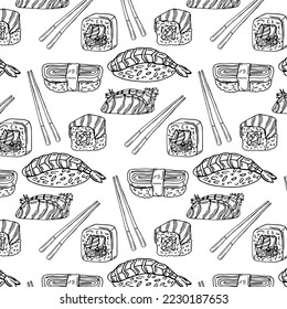 Seamless pattern with black sushi isolated on white background. 