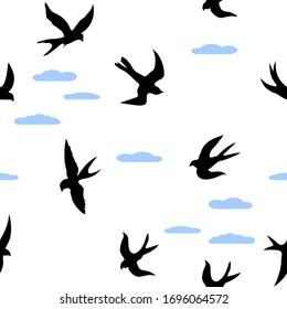 Seamless pattern of black swallows. Black silhouette on a white background.  swarm of swallows. contours of flying birds. vector illustration isolated on white background.