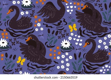 Seamless pattern with black swans on the pond. Vector graphics.