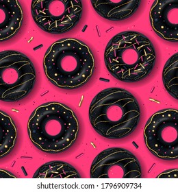 Patrón sin foco con donuts dulces negros sobre fondo rosado. Fondo de comida rápida basura