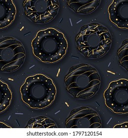 Patrón sin foco con donuts dulces negros sobre fondo oscuro. Fondo de comida rápida basura