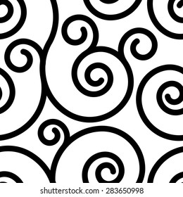 Seamless pattern with black swirl ornament on white