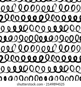 Patrón sin inconvenientes con líneas giratorias negras. Textura vectorial de grunge dibujada a mano. Resumen de pinceladas horizontales en curvatura en dibujo a mano alzada. Líneas onduladas y onduladas. Textura de pincel seco