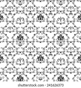 Seamless pattern - black swirls with floral motifs on a white background - vector illustration