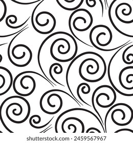 Seamless pattern with black swirls on a white background. Vector illustration.