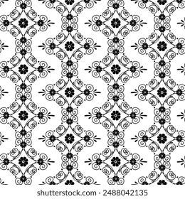 Seamless pattern with black swirls and small flowers on white background. Monochrome geometric pattern.