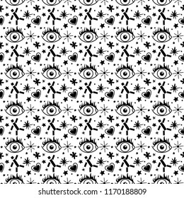 Seamless pattern with black symbols. Idea for books, covers. Cute abstraction. Template for design