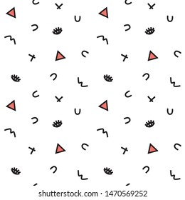 Seamless pattern of black symbols and lines on a white background. Modern ornament of small triangles, eyes, squiggles and wavy lines.
