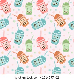 Seamless pattern black Tapioca pearls. Cute kawaii  character bubble tea isolated on white background. Cartoon vector illustration of ball tapioca or boba. Boba tea, milk tea, Taiwanese drink. Doodle.