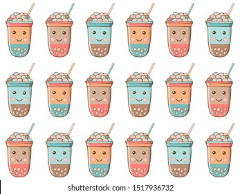 Seamless pattern black Tapioca pearls. Cute kawaii  character bubble tea isolated on white background. Cartoon vector illustration of ball tapioca or boba. Boba tea, milk tea, Taiwanese drink. Doodle.