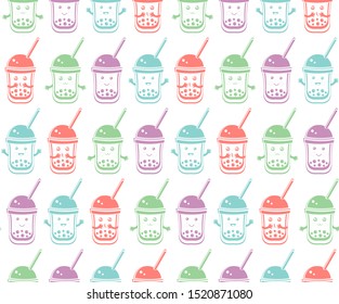 Seamless pattern black Tapioca pearls. Cute kawaii  character bubble tea isolated on white background. Cartoon vector illustration of ball tapioca or boba. Boba tea, milk tea, Taiwanese drink. Doodle.