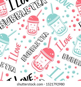 Seamless pattern black Tapioca pearls and lettering I love Bubble tea. Cartoon vector illustration of сute kawaii ball tapioca or boba. Boba tea, milk tea, Taiwanese drink. Hand drawn Doodle. 