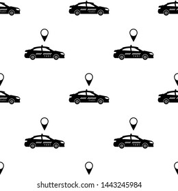 Seamless pattern with black taxi car on white background. Transportation concept. Black silhouette of taxi. Vector illustration for design, web, wrapping paper, fabric.