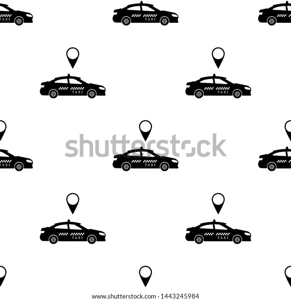 Seamless pattern with black\
taxi car on white background. Transportation concept. Black\
silhouette of taxi. Vector illustration for design, web, wrapping\
paper, fabric.