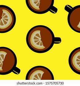 Seamless pattern black tea in black mugs with a slice of lemon on a yellow background. Vector stock illustration
